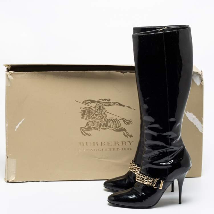 Pre Owned Burberry Black Patent Leather Chain Knee Length Boots Size 37
