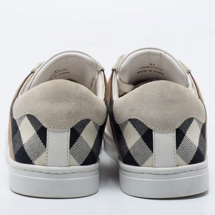 Pre Owned Burberry White/Beige Leather and Canvas Reeth Low Top Sneakers Size 41