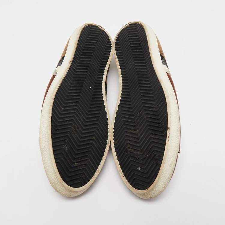 Pre Owned Burberry Brown/Tricolor Leather and Nova Check Canvas Low Top Sneakers Size 42