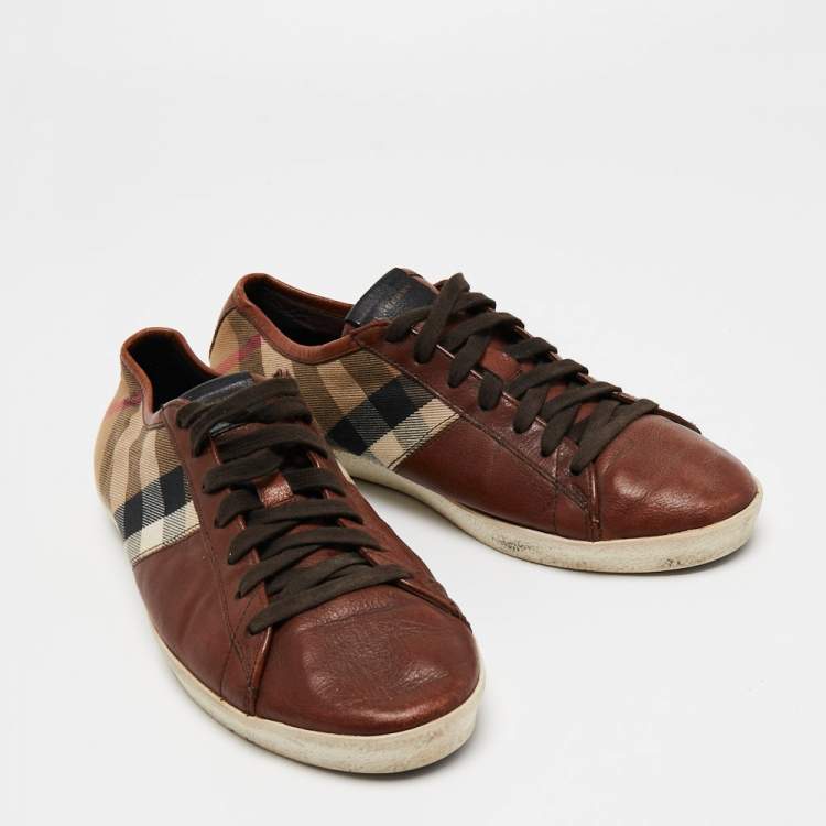 Pre Owned Burberry Brown/Tricolor Leather and Nova Check Canvas Low Top Sneakers Size 42