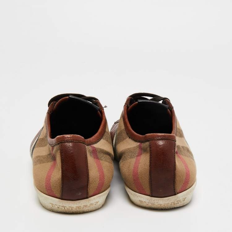 Pre Owned Burberry Brown/Tricolor Leather and Nova Check Canvas Low Top Sneakers Size 42