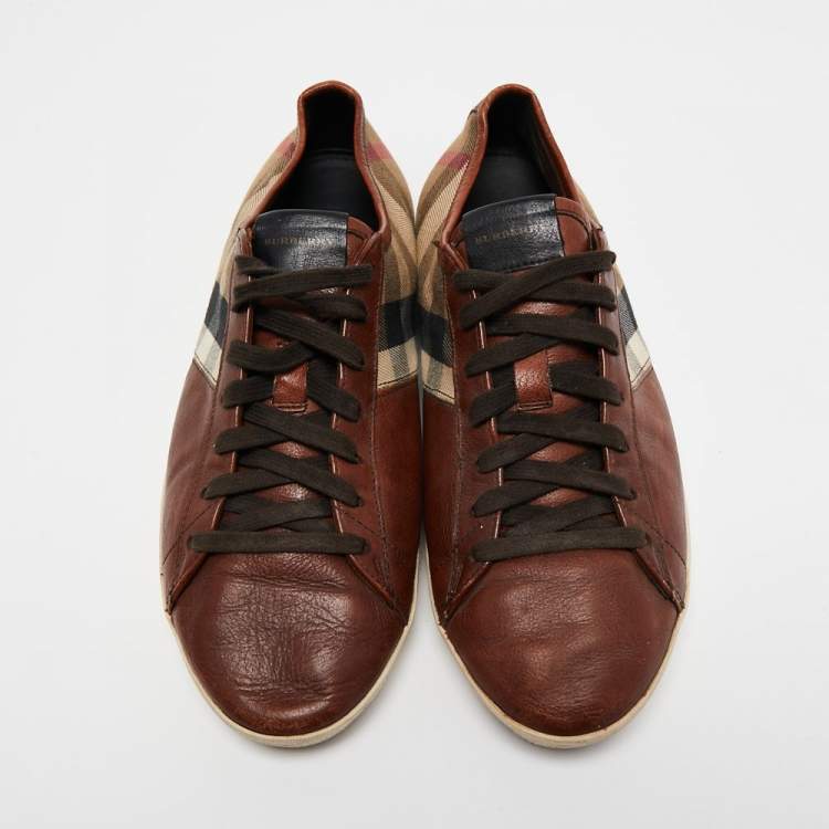 Pre Owned Burberry Brown/Tricolor Leather and Nova Check Canvas Low Top Sneakers Size 42