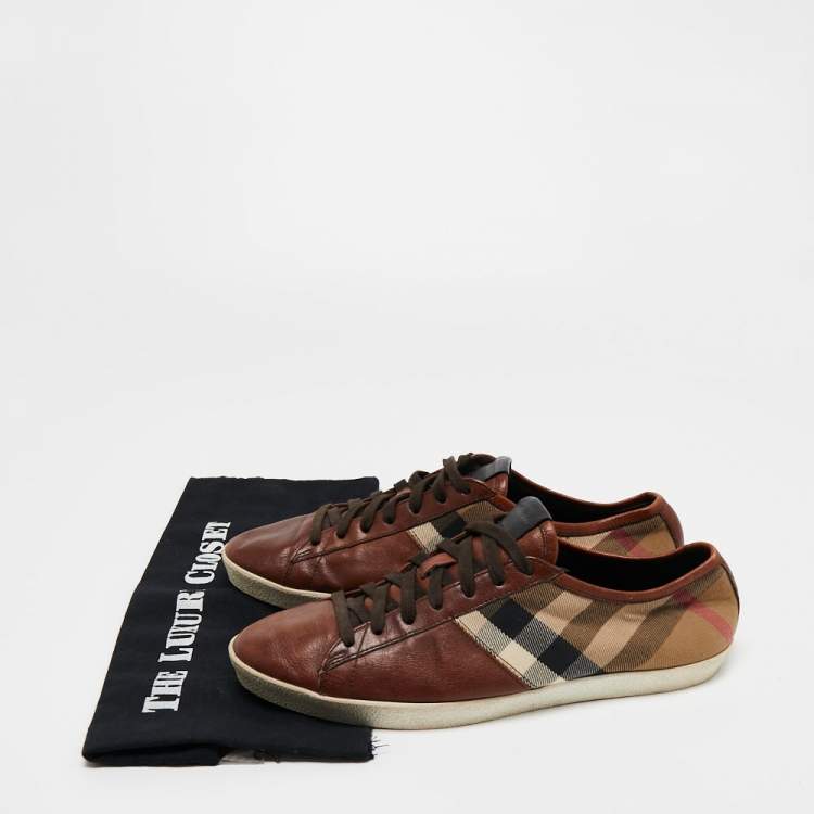 Pre Owned Burberry Brown/Tricolor Leather and Nova Check Canvas Low Top Sneakers Size 42