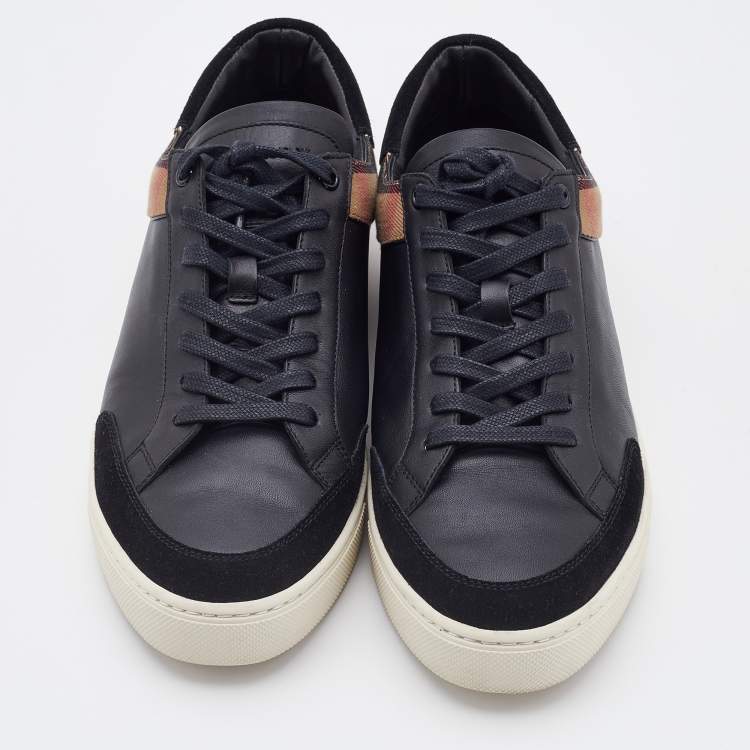 Pre Owned Burberry Black/Beige Leather and House Check Canvas Low Top Sneakers Size 43