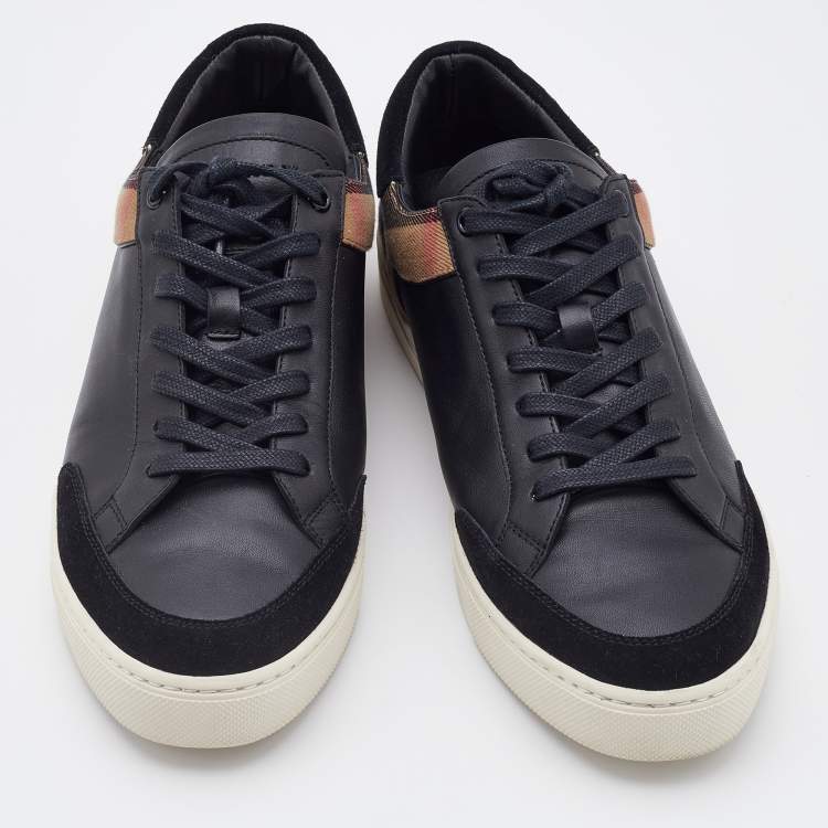 Pre Owned Burberry Black/Beige Leather and House Check Canvas Low Top Sneakers Size 43