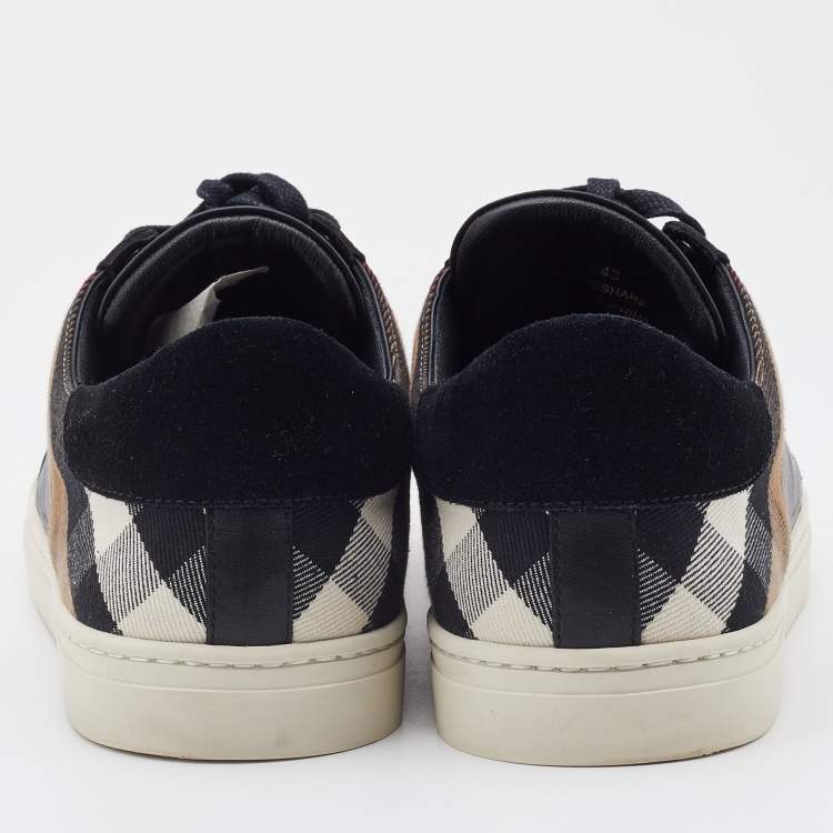 Pre Owned Burberry Black/Beige Leather and House Check Canvas Low Top Sneakers Size 43