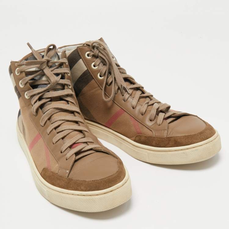 Pre Owned Burberry Brown Suede, Leather and Nova Check Canvas High Top Sneakers Size 43