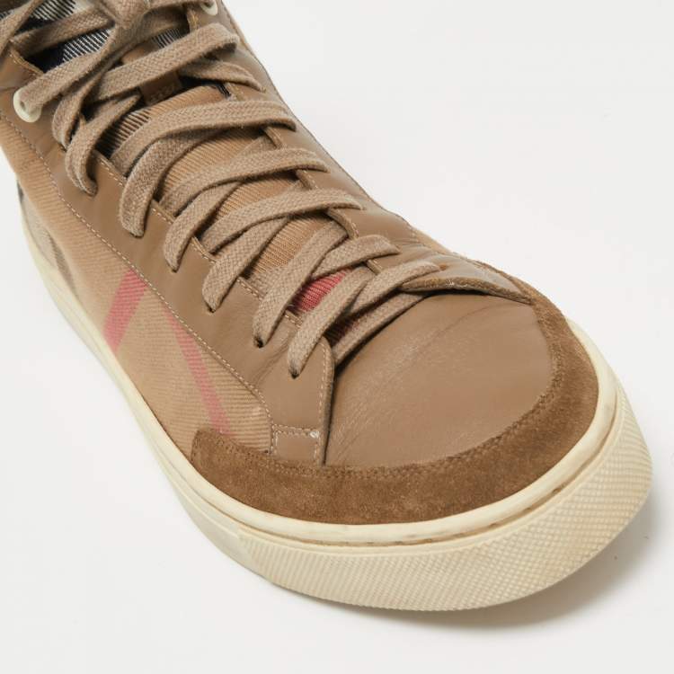 Pre Owned Burberry Brown Suede, Leather and Nova Check Canvas High Top Sneakers Size 43