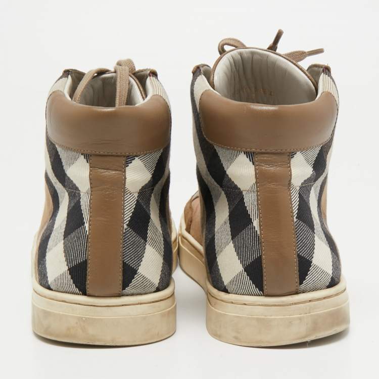 Pre Owned Burberry Brown Suede, Leather and Nova Check Canvas High Top Sneakers Size 43