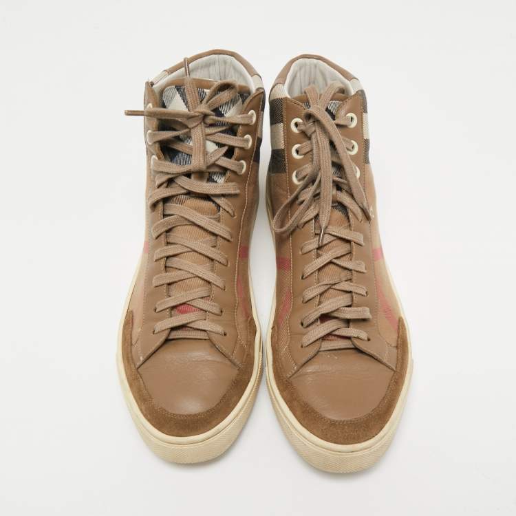 Pre Owned Burberry Brown Suede, Leather and Nova Check Canvas High Top Sneakers Size 43