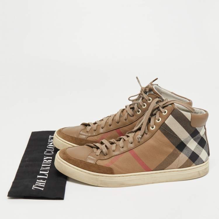 Pre Owned Burberry Brown Suede, Leather and Nova Check Canvas High Top Sneakers Size 43