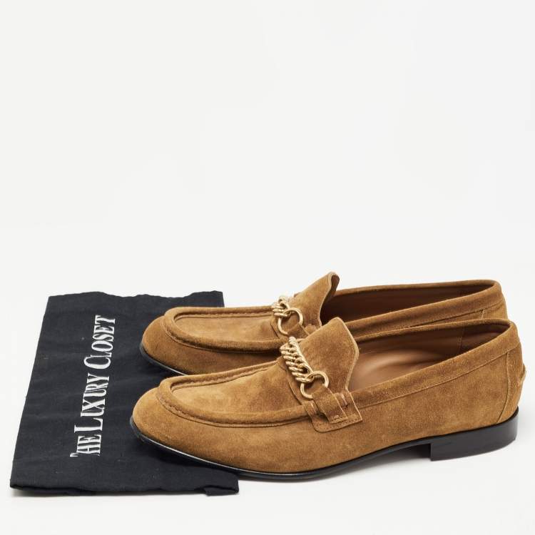 Pre Owned Burberry Brown Suede Solway Chain Detail Slip On Loafers Size 43