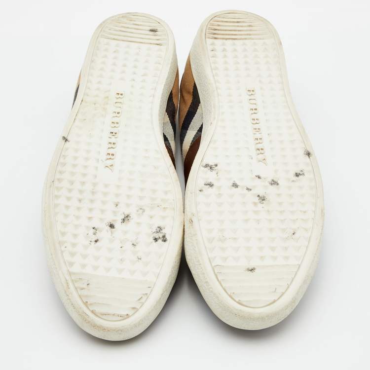 Pre Owned Burberry Brown Leather and Nova Check Canvas Low Top Sneakers Size 45