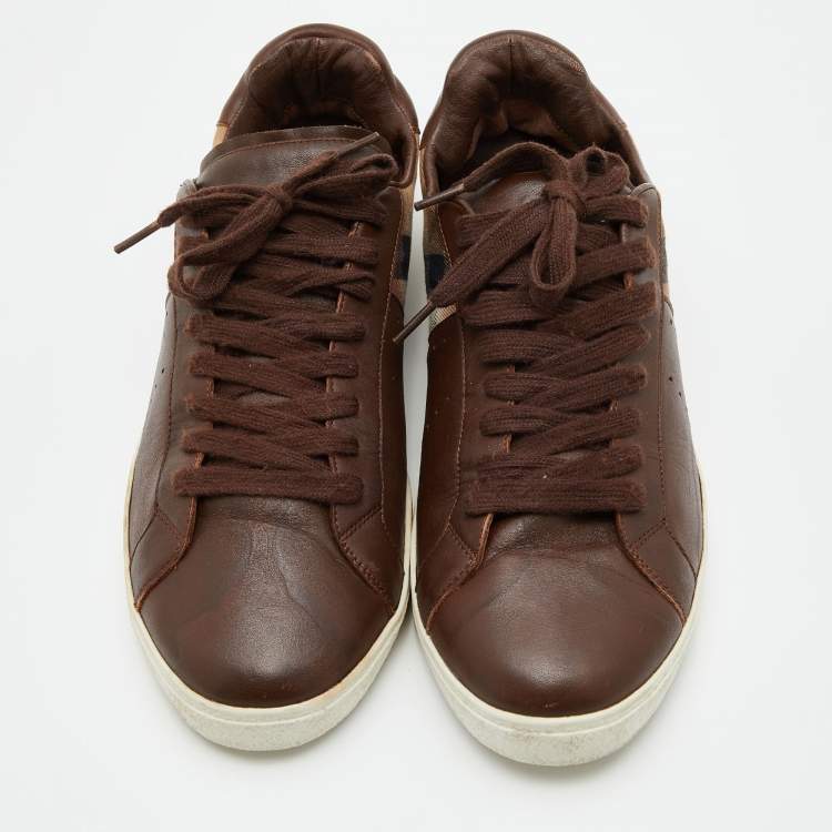 Pre Owned Burberry Brown Leather and Nova Check Canvas Low Top Sneakers Size 45