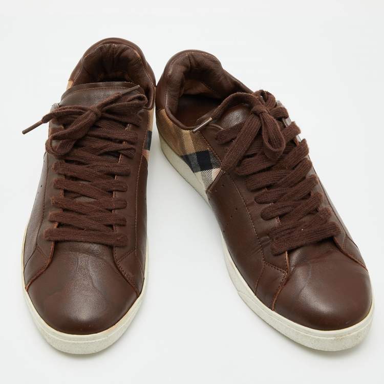 Pre Owned Burberry Brown Leather and Nova Check Canvas Low Top Sneakers Size 45
