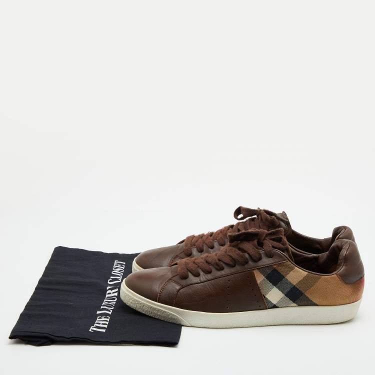 Pre Owned Burberry Brown Leather and Nova Check Canvas Low Top Sneakers Size 45
