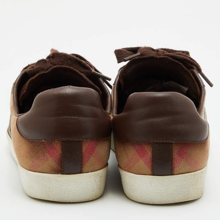 Pre Owned Burberry Brown Leather and Nova Check Canvas Low Top Sneakers Size 45