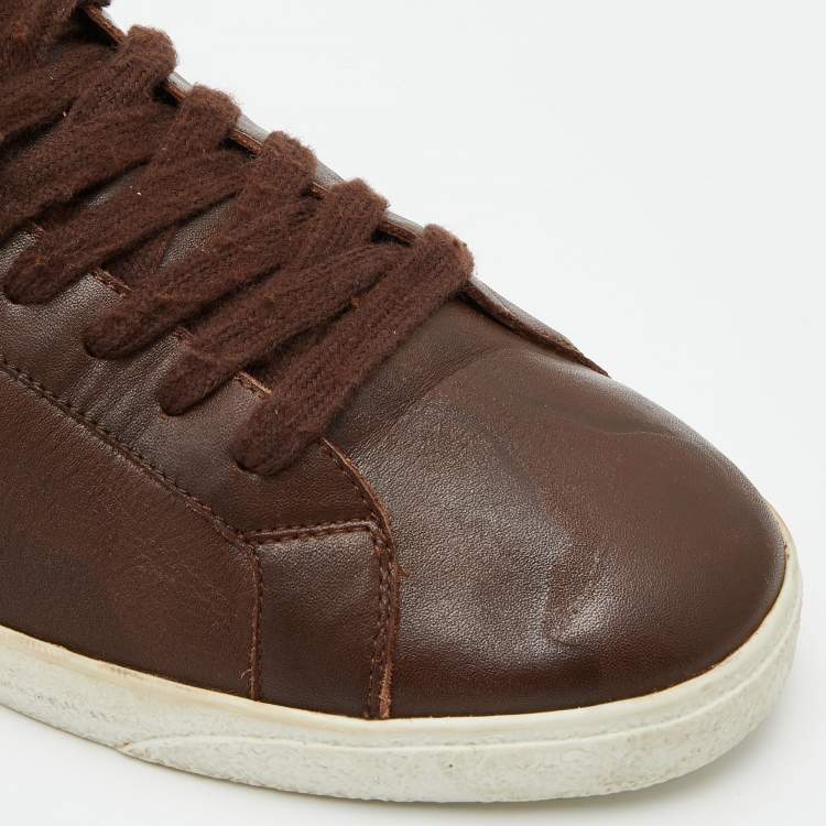 Pre Owned Burberry Brown Leather and Nova Check Canvas Low Top Sneakers Size 45