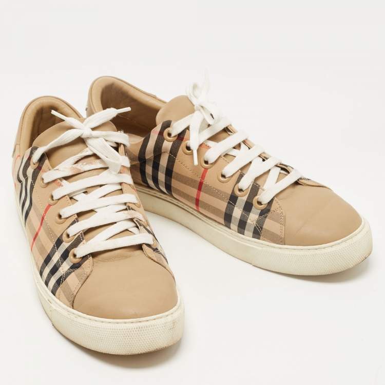 Pre Owned Burberry Beige Nova Check Canvas and Leather Low Top Sneakers Size 41