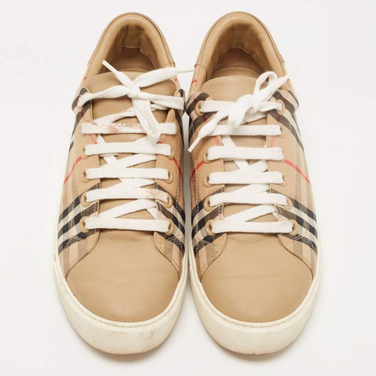 Pre Owned Burberry Beige Nova Check Canvas and Leather Low Top Sneakers Size 41