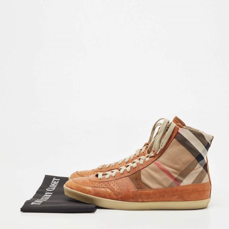 Pre Owned Burberry Tan/Beige Leather And Canvas High Top Sneakers Size 45