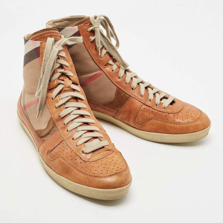 Pre Owned Burberry Tan/Beige Leather And Canvas High Top Sneakers Size 45