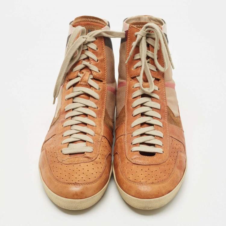 Pre Owned Burberry Tan/Beige Leather And Canvas High Top Sneakers Size 45