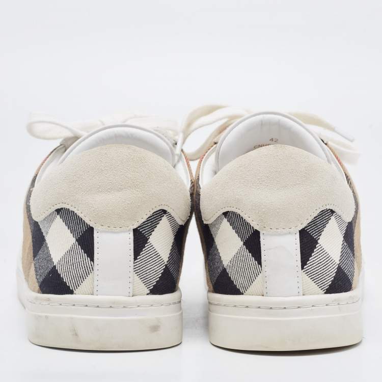 Pre Owned Burberry White/Beige Leather and Canvas Reeth Low Top Sneakers Size 42