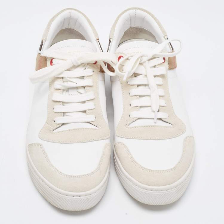 Pre Owned Burberry White/Beige Leather and Canvas Reeth Low Top Sneakers Size 42