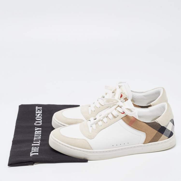 Pre Owned Burberry White/Beige Leather and Canvas Reeth Low Top Sneakers Size 42