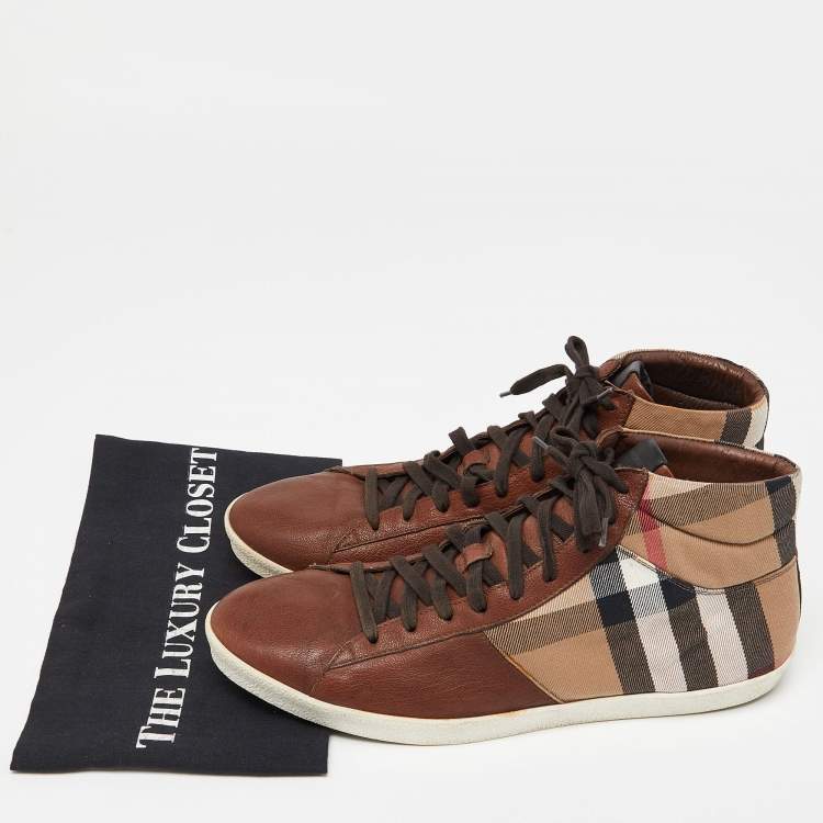 Pre Owned Burberry Brown/Beige Leather And Check Canvas High Top Sneakers Size 45