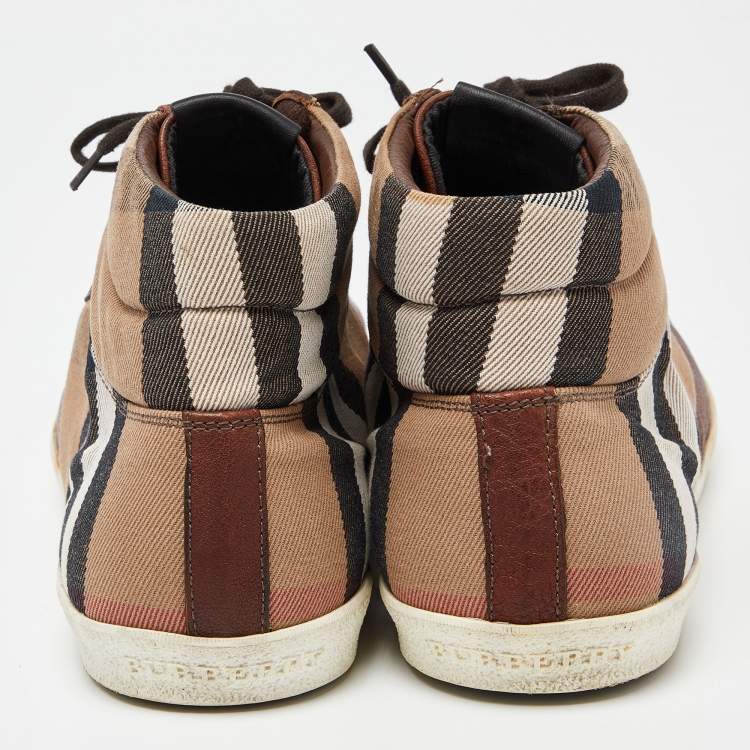 Pre Owned Burberry Brown/Beige Leather And Check Canvas High Top Sneakers Size 45