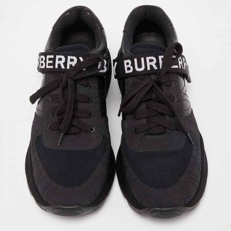 مملوكة مسبقًا Burberry Black Mesh and Leather Logo Detail Low Top Sneakers Size 43