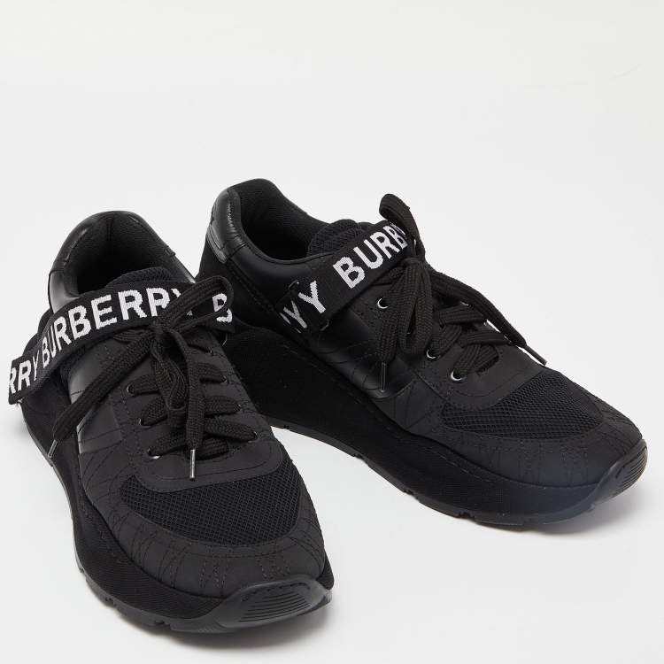 مملوكة مسبقًا Burberry Black Mesh and Leather Logo Detail Low Top Sneakers Size 43