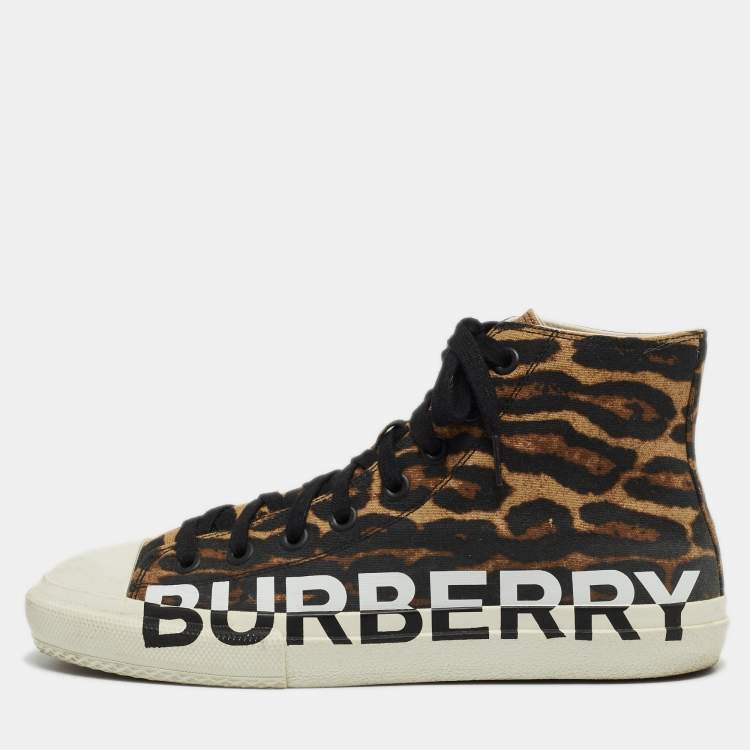 مملوكة مسبقًا Burberry Brown/Black Leopard Print Canvas Larkhall High Top Sneakers Size 42