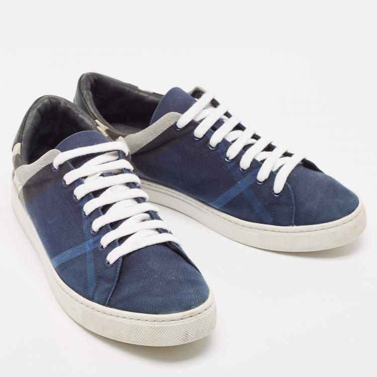 Pre Owned Burberry Blue/White Nova Check Denim and Leather Low Top Sneakers Size 44
