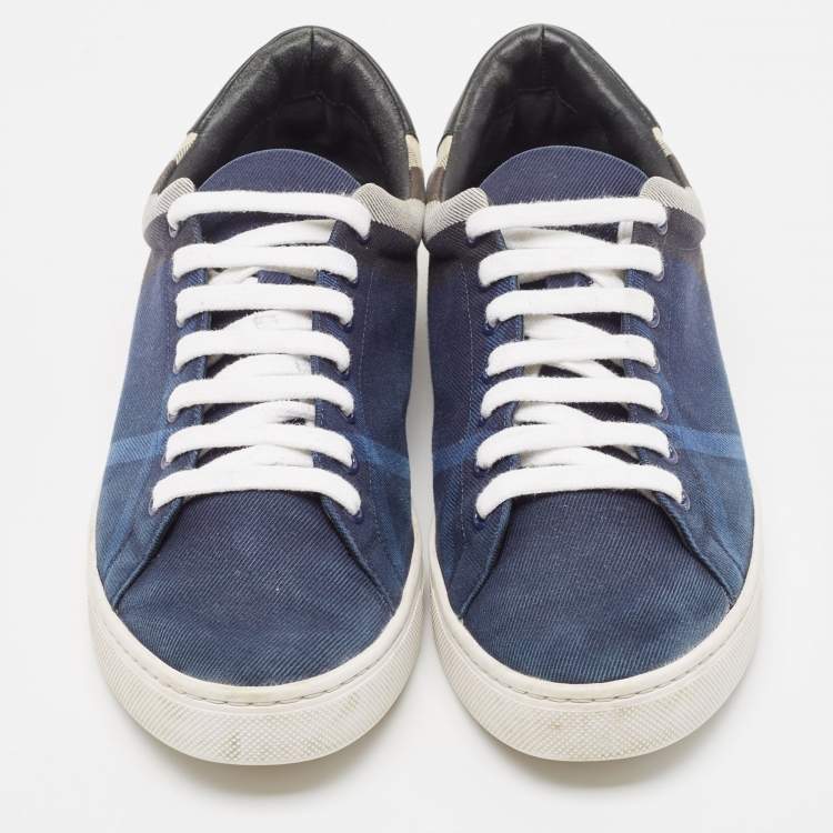 Pre Owned Burberry Blue/White Nova Check Denim and Leather Low Top Sneakers Size 44
