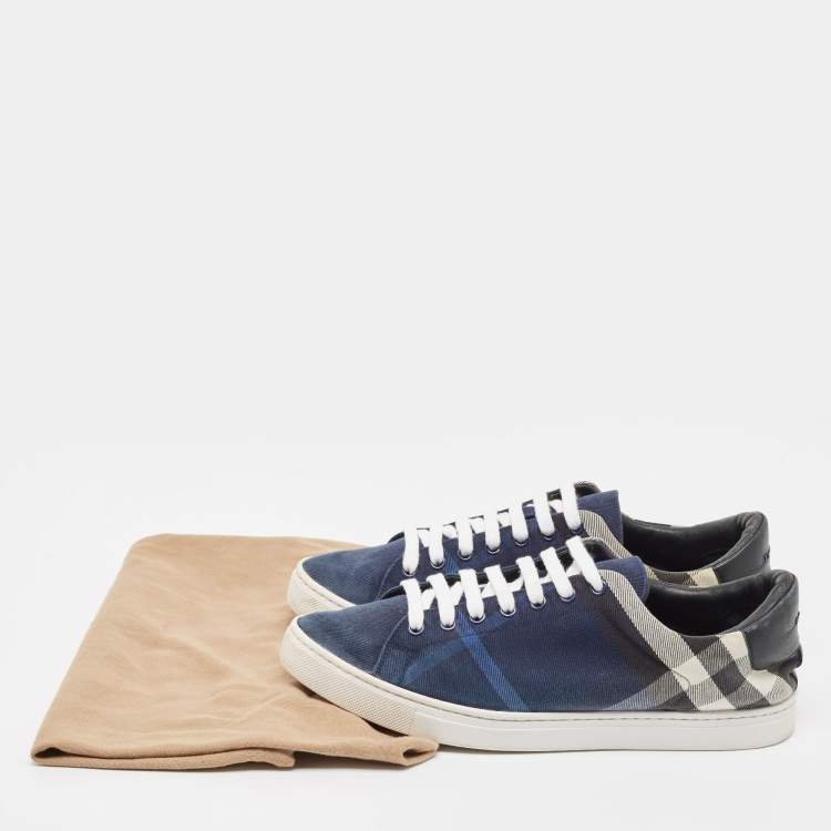 Pre Owned Burberry Blue/White Nova Check Denim and Leather Low Top Sneakers Size 44