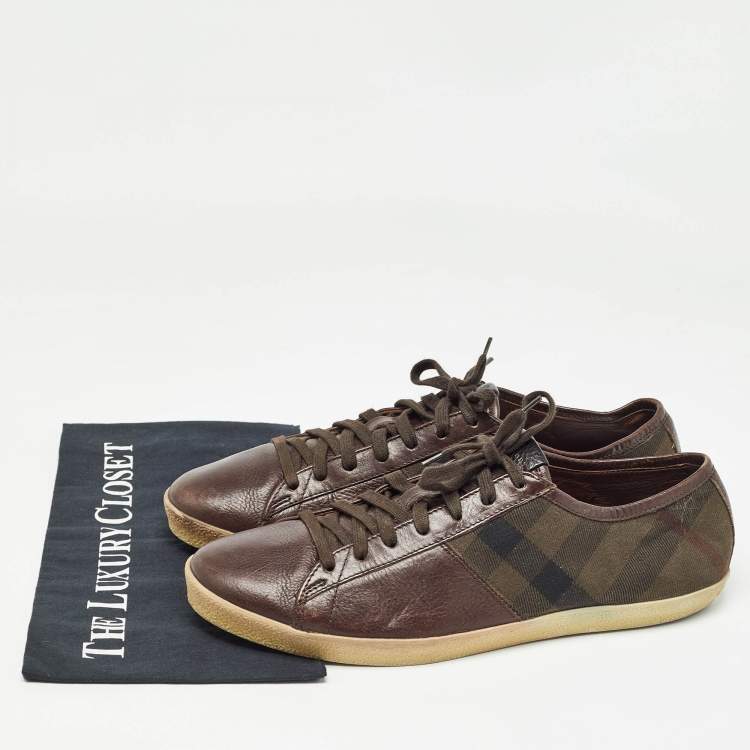Pre Owned Burberry Brown Leather and Nova Check Canvas Low Top Sneakers Size 44