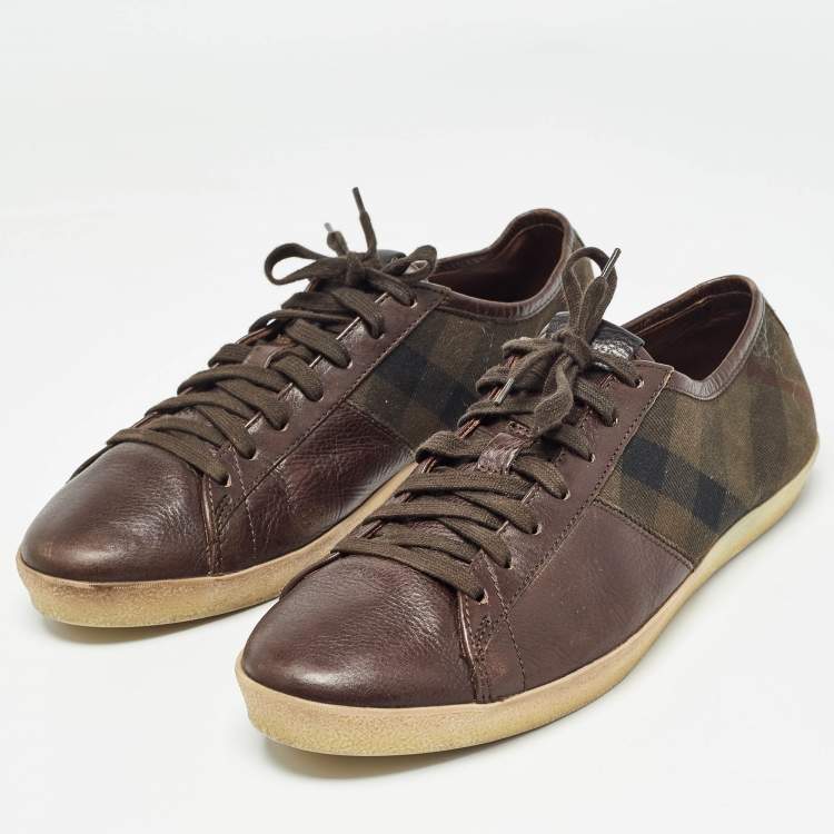 Pre Owned Burberry Brown Leather and Nova Check Canvas Low Top Sneakers Size 44