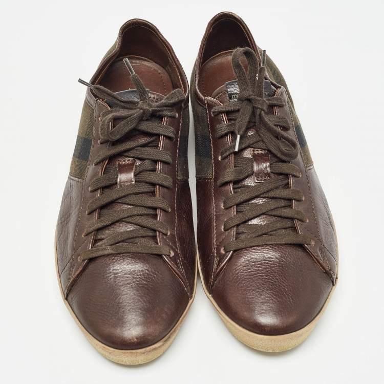 Pre Owned Burberry Brown Leather and Nova Check Canvas Low Top Sneakers Size 44