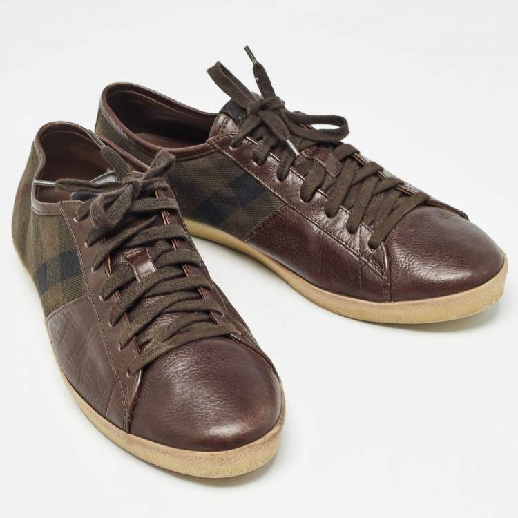 Pre Owned Burberry Brown Leather and Nova Check Canvas Low Top Sneakers Size 44