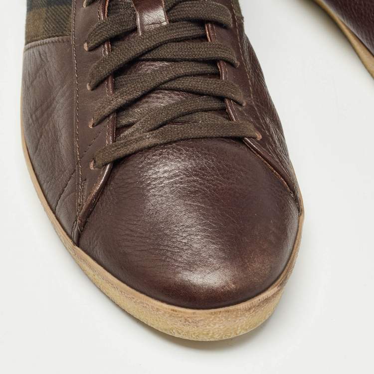 Pre Owned Burberry Brown Leather and Nova Check Canvas Low Top Sneakers Size 44