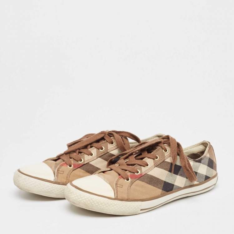 Pre Owned Burberry Brown Check Canvas And Rubber Cap Toe Sneakers Size 42