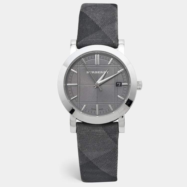 Pre Owned Burberry Grey Stainless Steel Canvas The City BU1758 Men's Wristwatch 38 mm