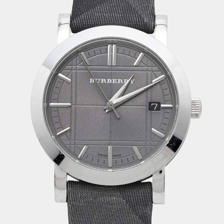 Pre Owned Burberry Grey Stainless Steel Canvas The City BU1758 Men's Wristwatch 38 mm
