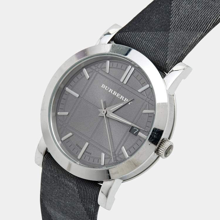 Pre Owned Burberry Grey Stainless Steel Canvas The City BU1758 Men's Wristwatch 38 mm
