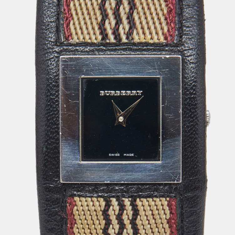 Pre Owned Burberry Black Stainless Steel Leather Signature BU4004 Women's Wristwatch 22 mm  