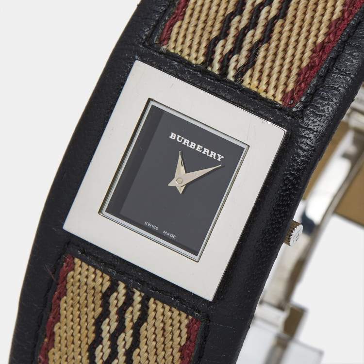 Pre Owned Burberry Black Stainless Steel Leather Signature BU4004 Women's Wristwatch 22 mm  