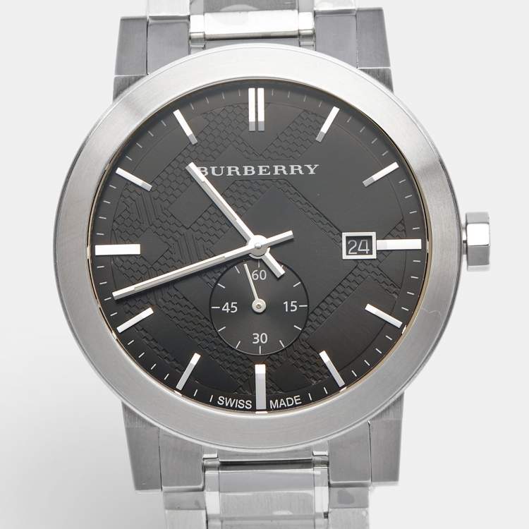 Pre Owned Burberry Black Dial Stainless Steel The City BU9901 Men's Wristwatch 42 mm 